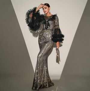 Silver Sequin Gown with V-Neck and Bishop Sleeves